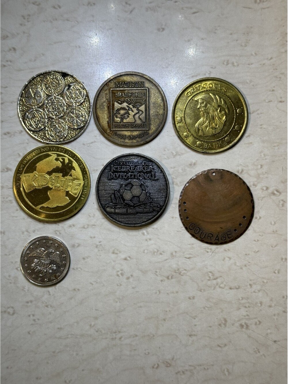 Vintage Token Medal Lot of 7 Kid Galleon Soccer Serenity Prayer Exonumia
